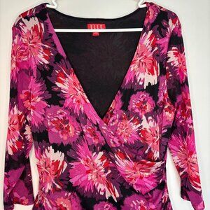 ELLE V-Neck Faux Wrap Blouse Womens XL Purple Floral 3/4 Slv Stretch Lined Mesh